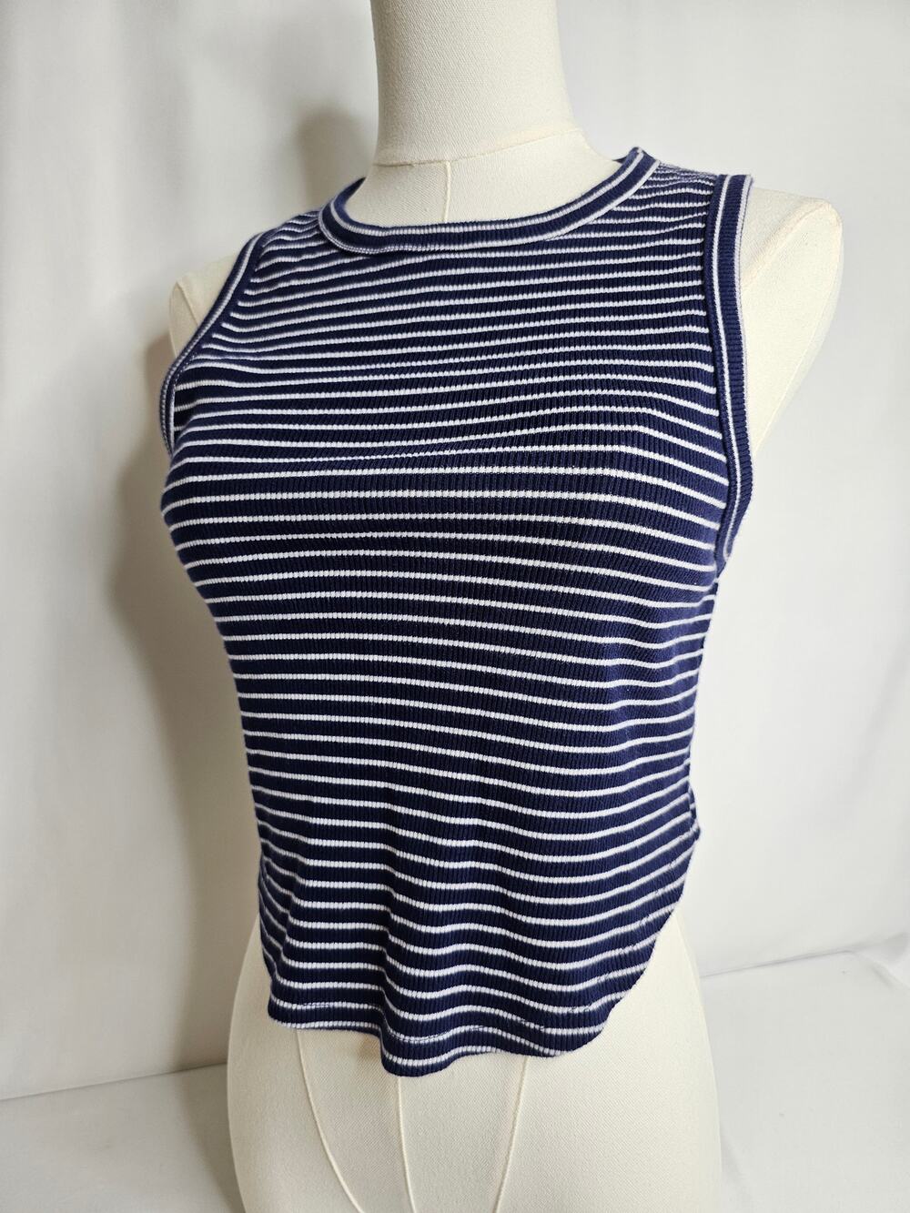 Aerie L Cropped Fitted Navy Striped Sleeveless‎ Top